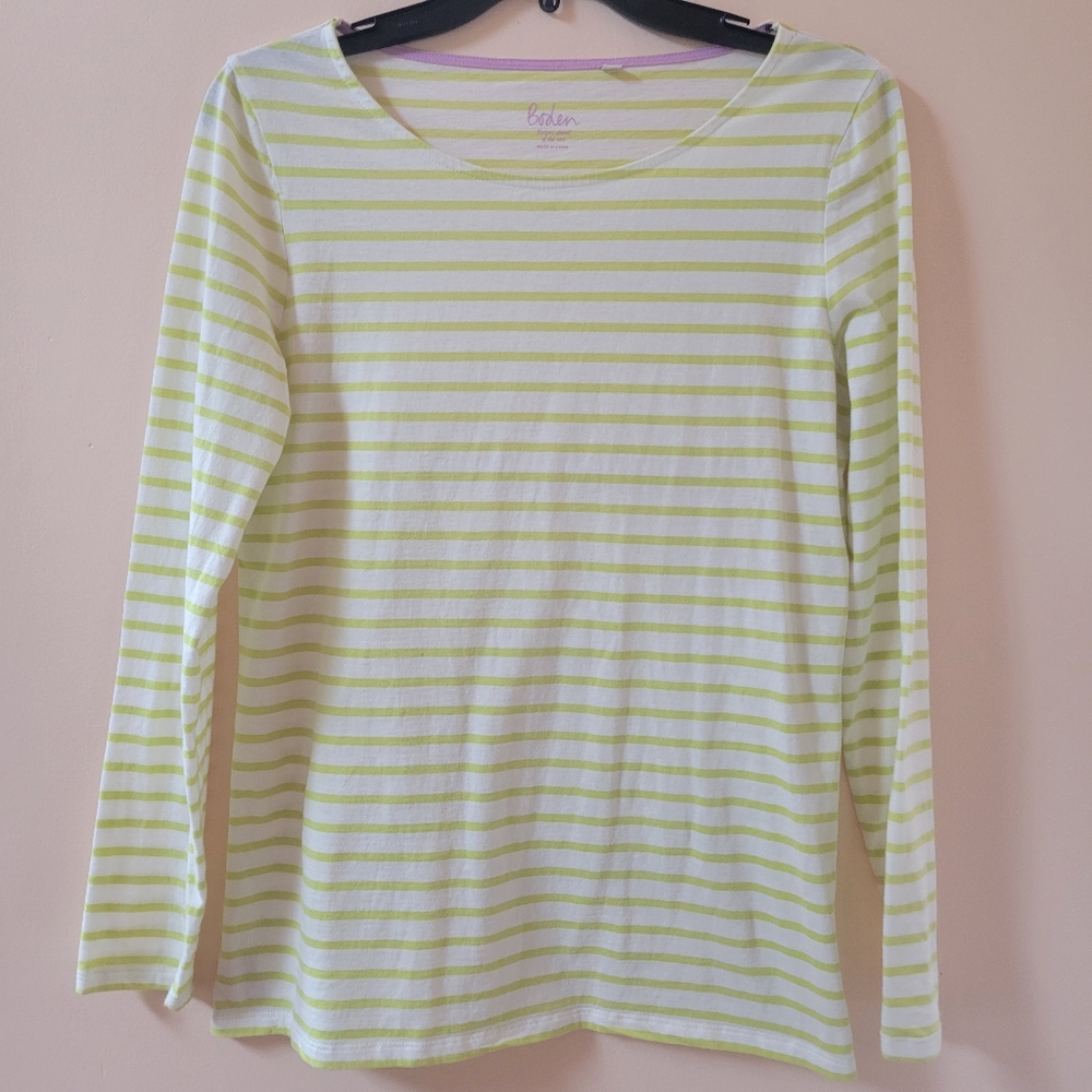 Boden Green And White Striped Long Sleeve Top